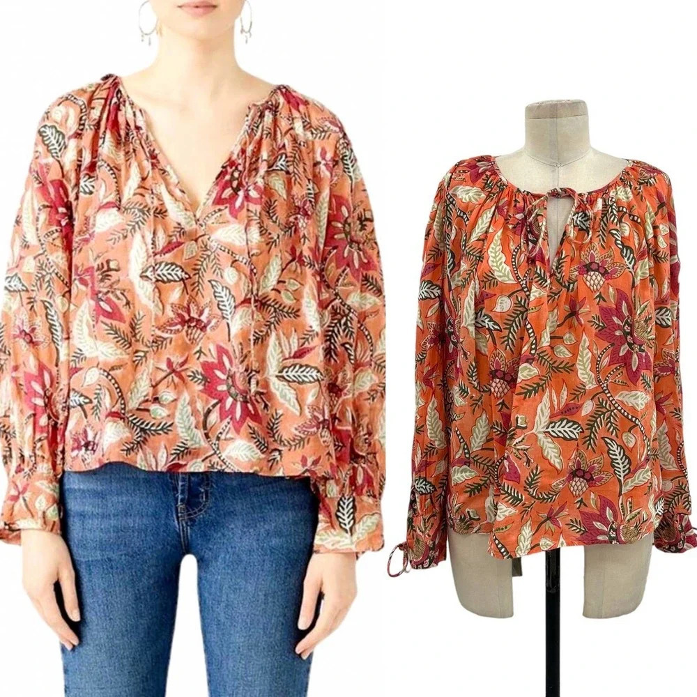 Antik Batik Kalao Peasant Blouse Top Floral Long Sleeve Flowy Orange Pink Medium